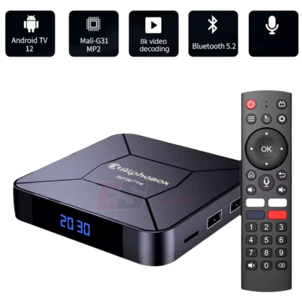 Boîtier Alphabox Infinity, Android 12, ALLWINNER H618, avec télécommande vocale BT 4G / 32G